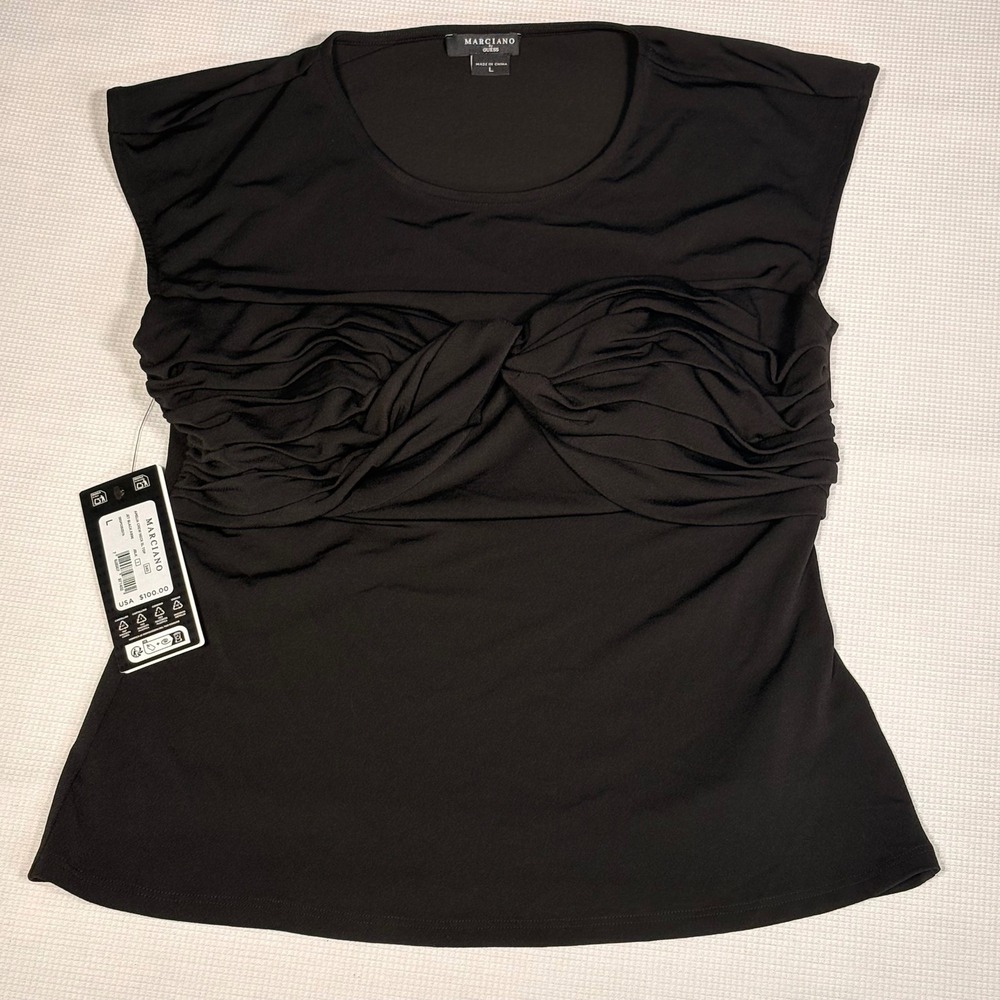 Marciano by Guess Amelia Crew Neck SL Top Jet Black Twisted Knot Ruched NWT L - Picture 2 of 7